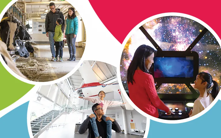 A rectangular image with three circles. The top right circle contains a picture of a woman and her daughter standing in front of an exhibition at the Canada Science and Technology Museum and smiling at each other. The second circle in the middle has an image of a daughter sitting on her father’s shoulders, looking at planes and smiling at the Canada Aviation and Space museum. And the third circle at the left top shows an image of a young boy with his mother and father, visiting the barn and looking at cows 