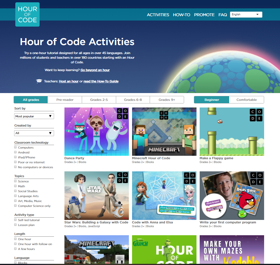 Landing page of the website Hour of code