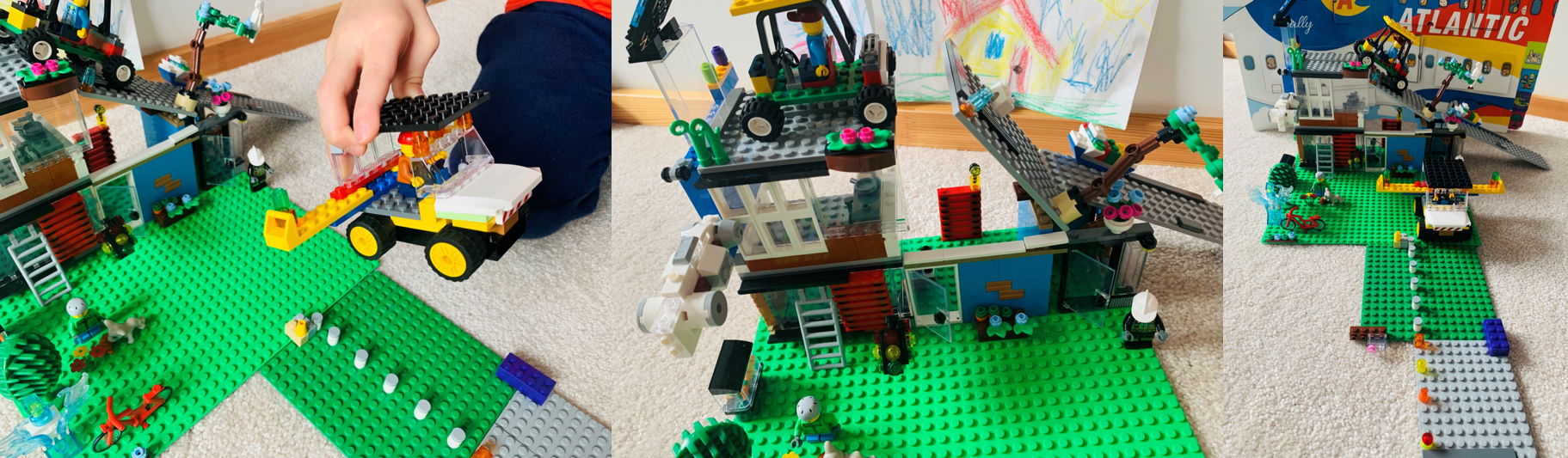 L’œuvre en LEGO® d’un enfant, intitulée « Future Flying Garage Home! » (Maison de l’avenir avec garage pour voiture volante!), est posée à même le sol.