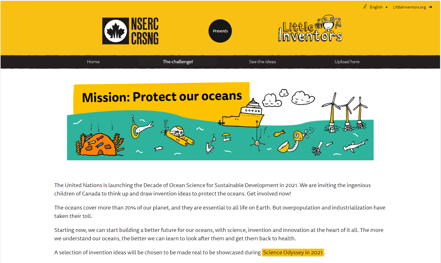 Landing page of the website Little Inventors, Mission protect our Oceans