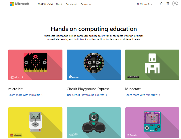 Landing page of the Microsoft MakeCode website where you choose which device you are coding for