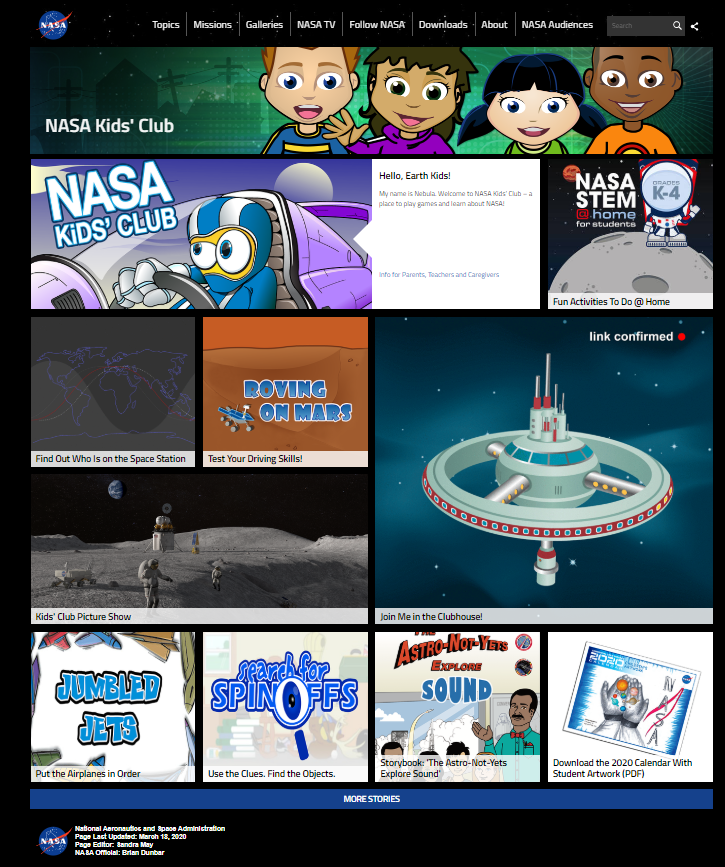 Nasa Kids' Club website landing page