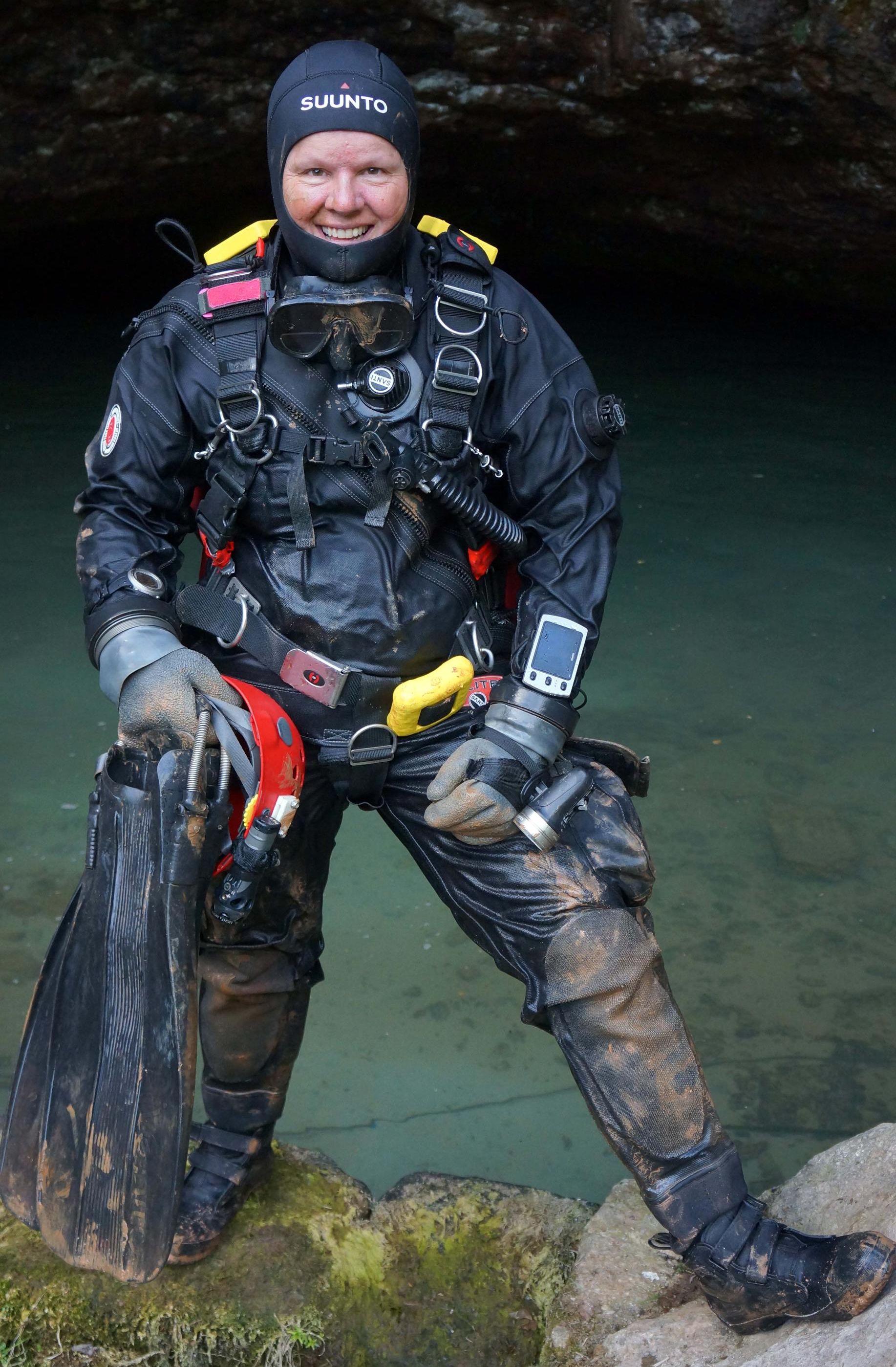 Jill Heinerth returns from a dive at Wookey Hole, UK on the 80th anniversary of the first-known cave dive.