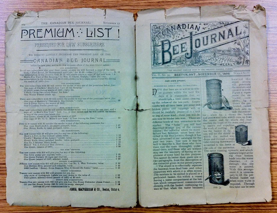 Le Canadian Bee Journal 11.34 (17 novembre 1886). Collection de livres rares. Musée des sciences et de la technologie du Canada.