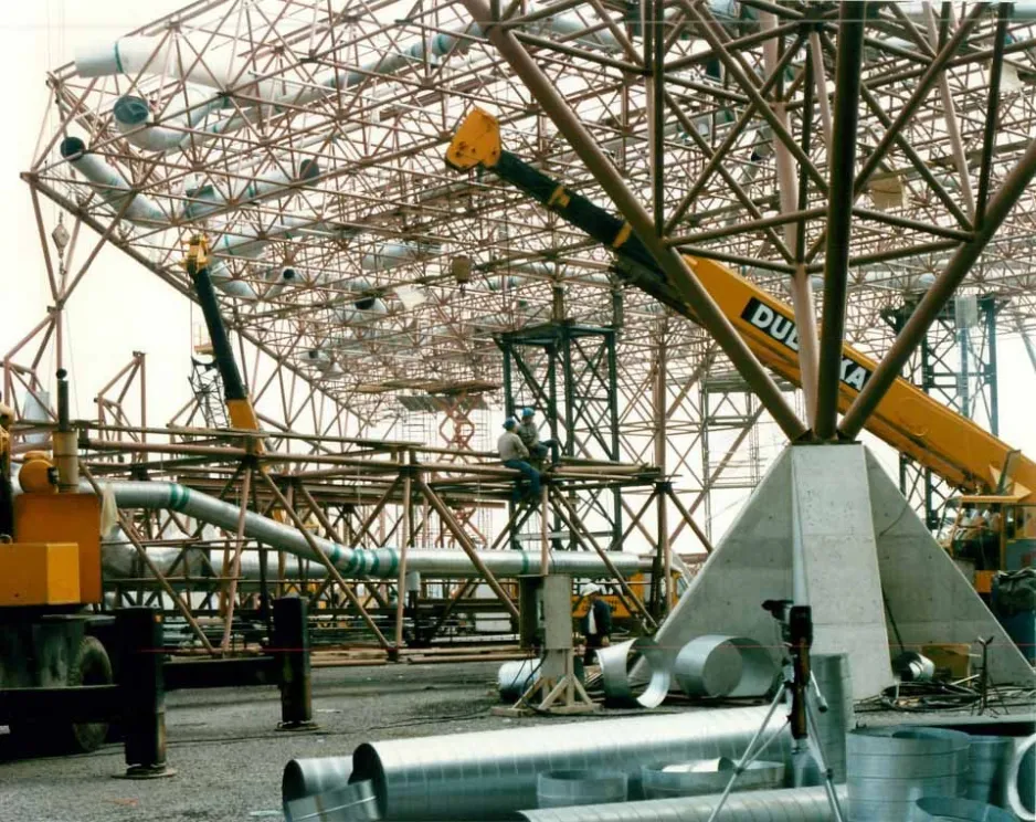 The floor of the museum during construction, showing support pillars in place