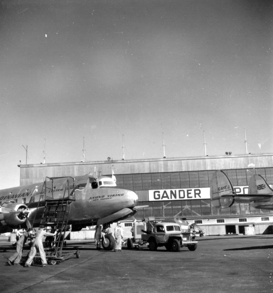 A Swedish airliner being serviced at the airport in 1948.