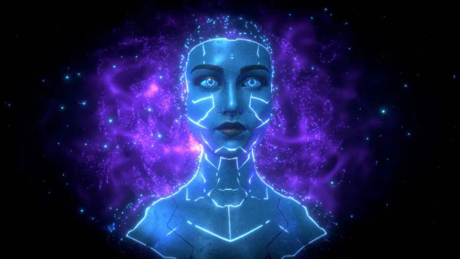 The face of a blue female avatar seems to float on a purple and black screen.