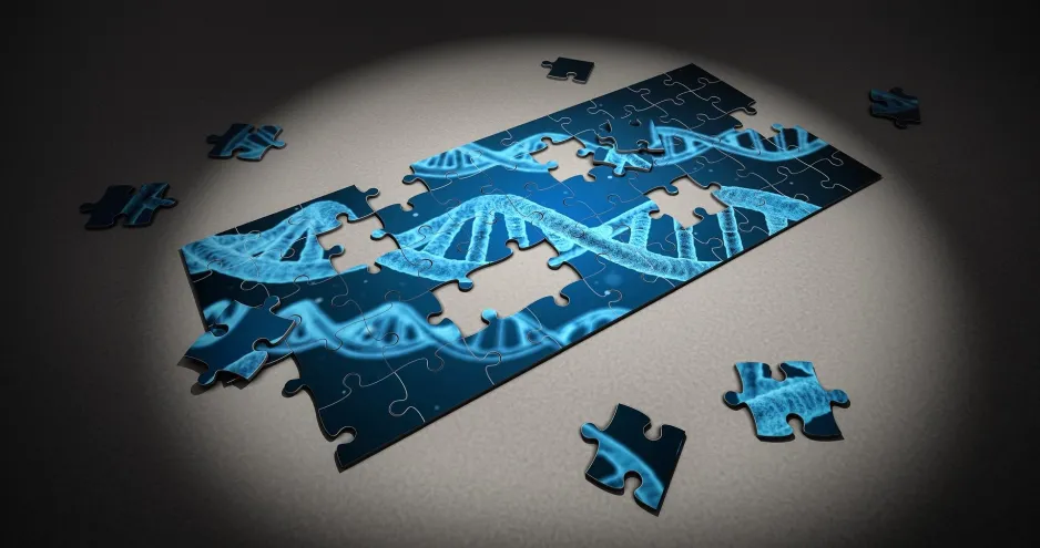  Un puzzle à moitié fini avec des images de brins d'ADN