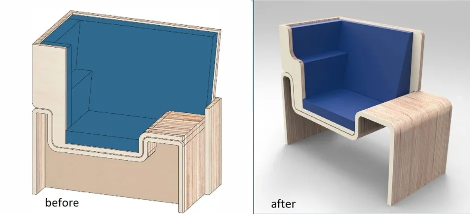 Deux images illustrant la première conception et la conception finale de la chaise