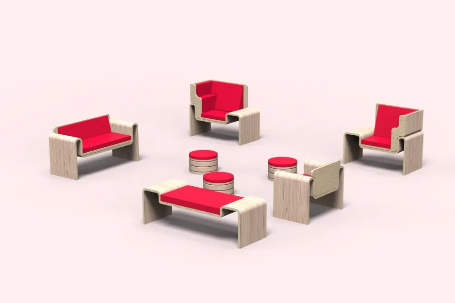 Huit différentes options de fauteuils regroupés, faits de bois pâle avec des coussins rouge vif