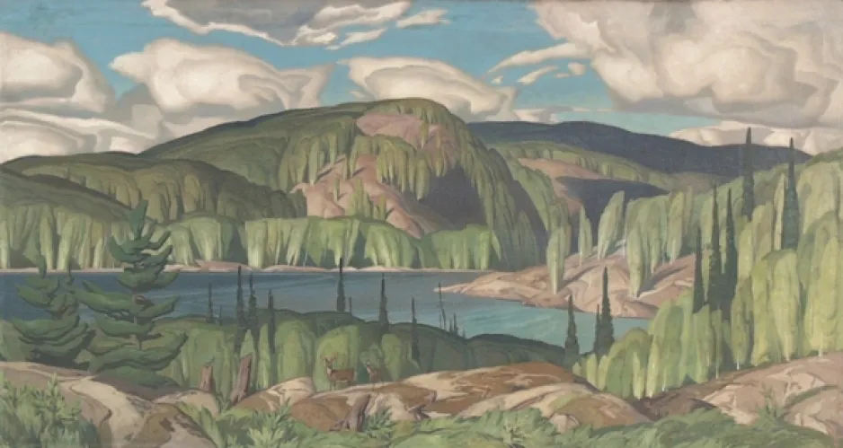 A painting depicts a summer scene, including a lake surrounded by green hills and trees.
