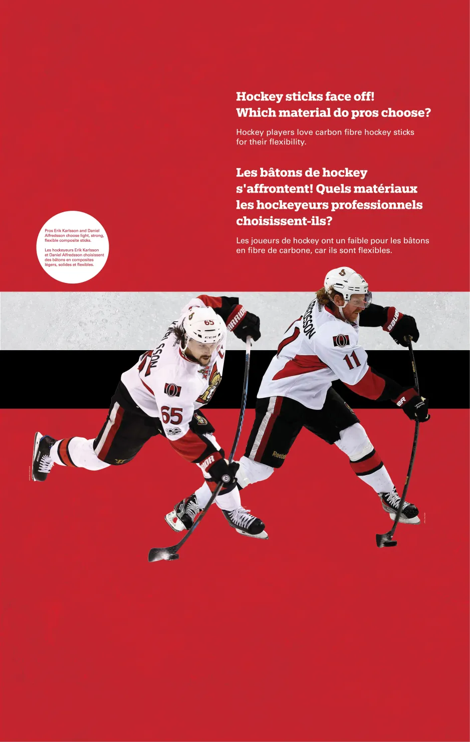 Un panneau d’exposition du Musée des sciences et de la technologie du Canada montrant deux hockeyeurs professionnels. En très gros caractères, on peut lire : « Les bâtons de hockey s’affrontent! Quels matériaux les hockeyeurs professionnels choisissent-ils? »