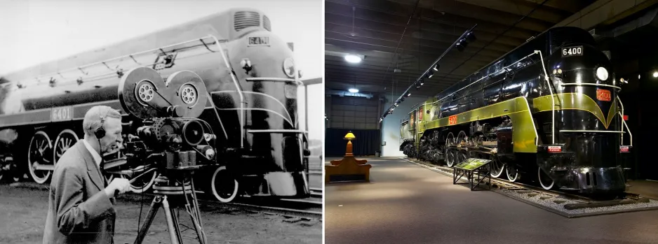 (left) Black and white photograph of a locomotive. A man with a vintage video camera in the foreground. (right) Modern photo of a black locomotive with green accents, on display in the Canada Science and Technology Museum. 