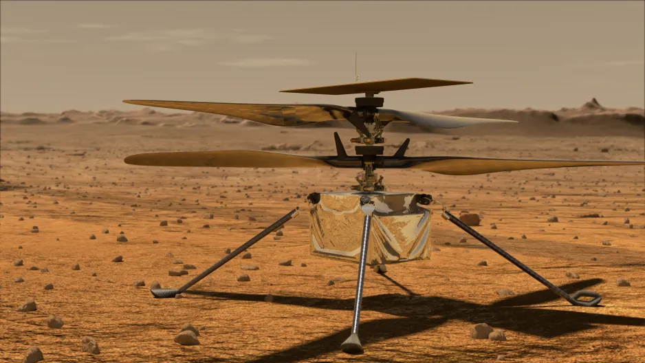 An artist’s rendering of Ingenuity, a small drone-like helicopter, sitting on the surface of Mars.