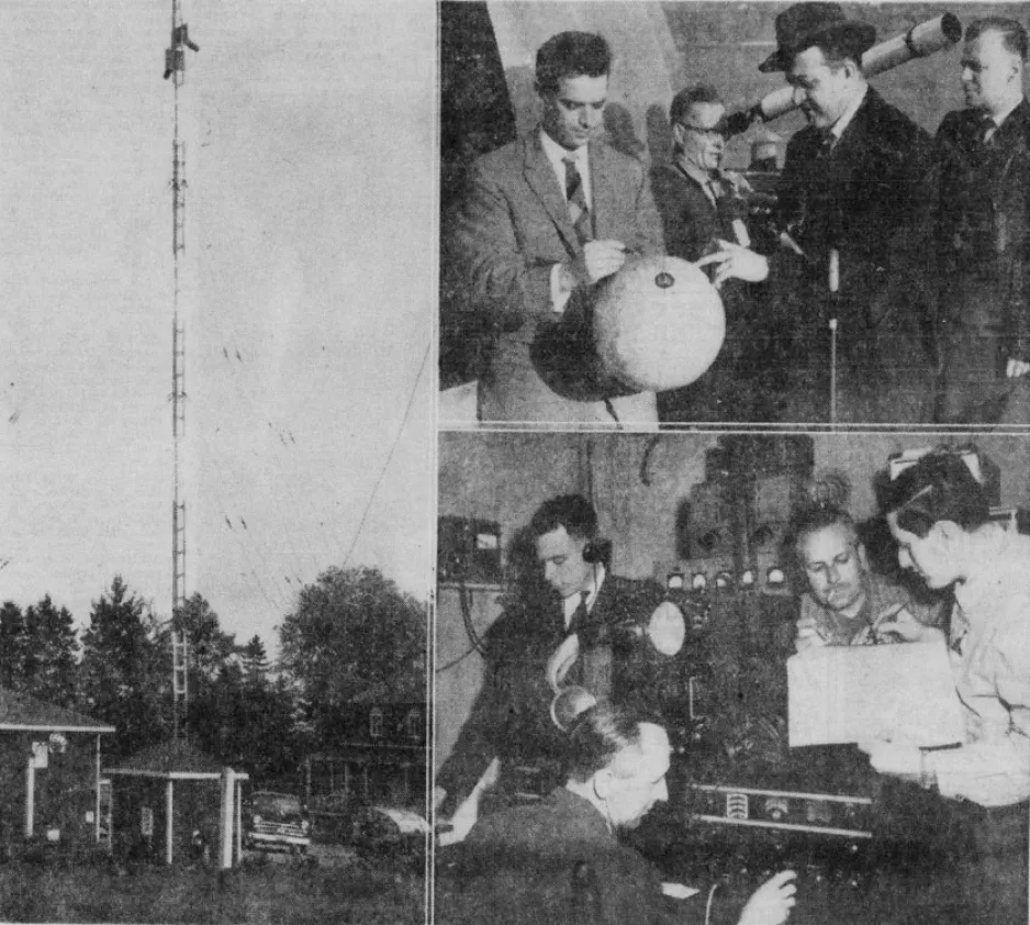 In the photo on the left, the L’Ancienne-Lorette radio station. Top right, a quartet involved in the Baby observation project: Maurice Drolet, Paul Henri Nadeau, Robert Lévesque and J. Alfred Dumont. Bottom right, Drolet and a trio involved in this same project: Bernard Côté, Félix Edge and Bernard Baby. Anon., “Les astronomes de Québec aux aguets.” Le Soleil, 14 October 1957, 13.