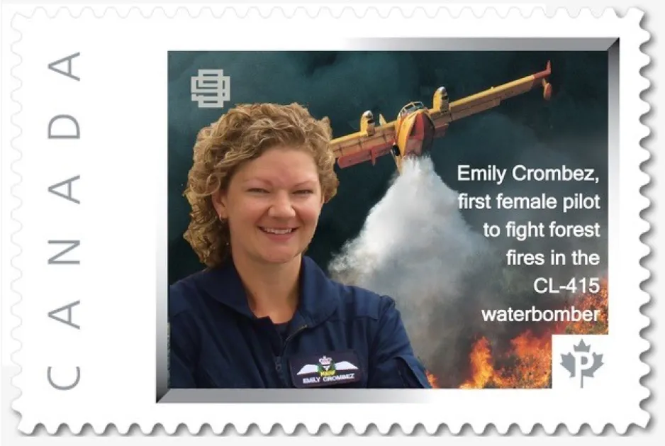 An image of a commemorative stamp shows a young woman wearing a dark blue shirt, smiling as she looks at the camera. A background image shows an aircraft spraying water over a fire. White text in English reads, “Emily Crombez, first female pilot to fight forest fires in the CL-415 waterbomber.”
