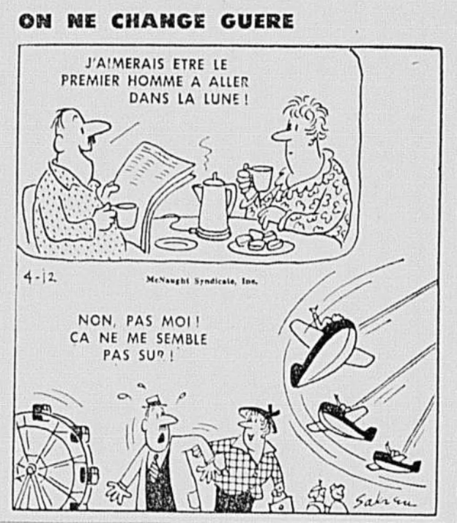 Dessin humoristique datant du 12 avril 1961. William Sakren, « On ne change guère. » La Presse, 12 avril 1961, dernière édition, 2. 
