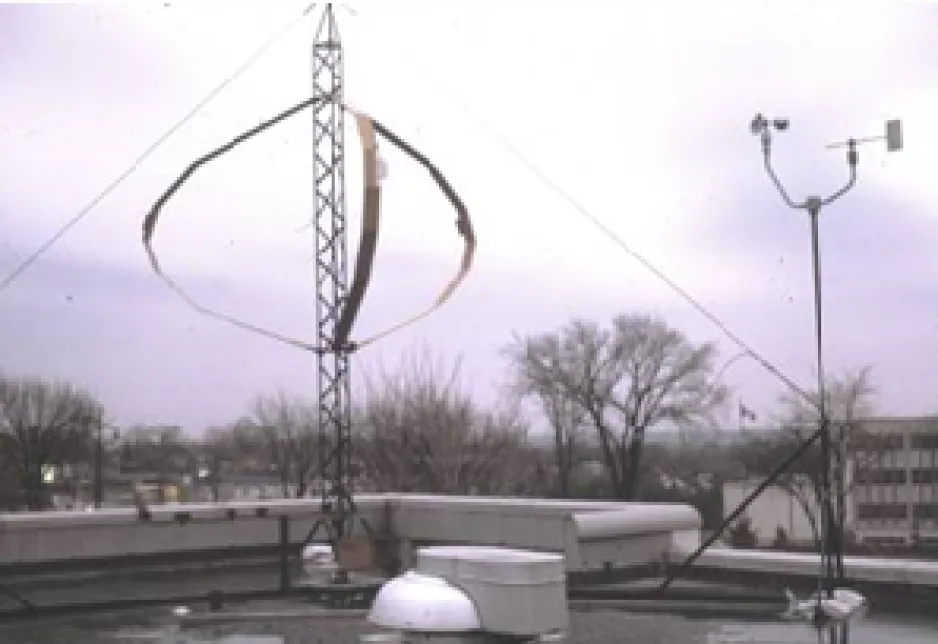  Darrieus type vertical axis wind turbine erected on the roof of a National Research Council Canada research building.