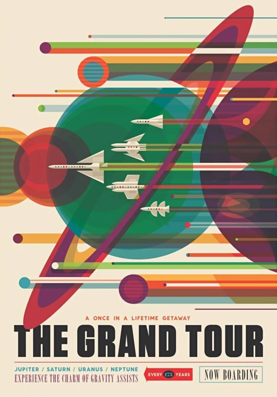 A colourful, cosmic illustration of five different spaceships flying to the left with a backdrop of four multi-coloured planets, and Saturn in the centre. At the bottom of the image in bold letters, it reads, “The Grand Tour” in large font. In smaller font, it says “A once in a lifetime getaway” and it’s advertised as every 173 years.