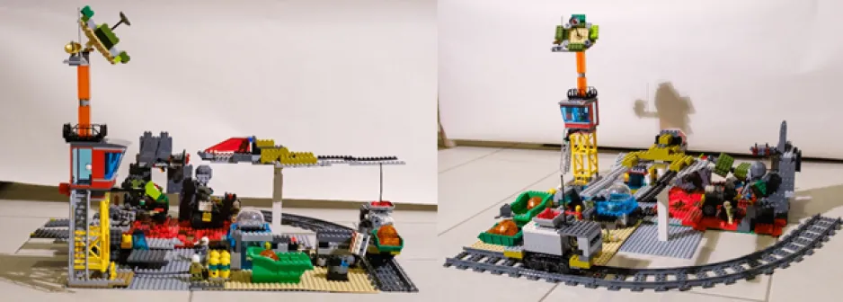 A spliced two-part image depicts an elaborate LEGO creation, pictured from two different angles. The creation is multi-coloured, and features a tower on one side and a track around half of it.