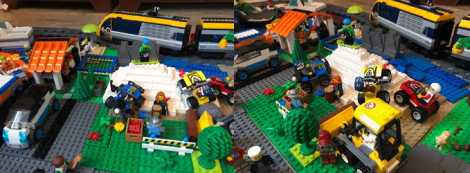 A spliced two-part image depicts an elaborate LEGO creation, pictured from two different angles. Several LEGO vehicles and people are visible in the multi-coloured creation.