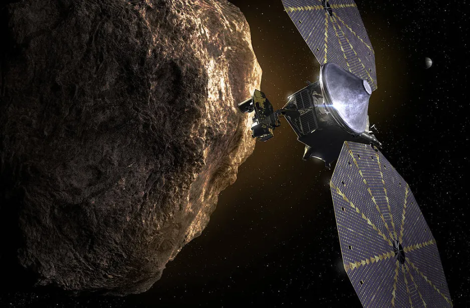 A digital art piece portrays a spacecraft, with a small fuselage and a large hexagonal solar panel off to each side, orbiting a rocky body to the left.