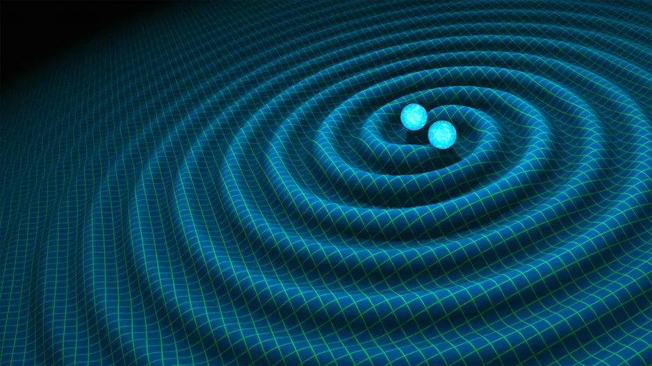 two spheres orbiting each other, which creates ripples radiating away from them.