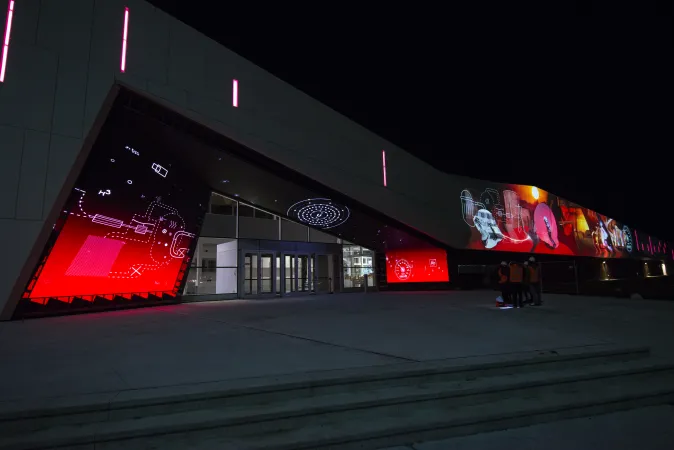  The front of the Canada Science and Technology Museum with Ingenia at night
