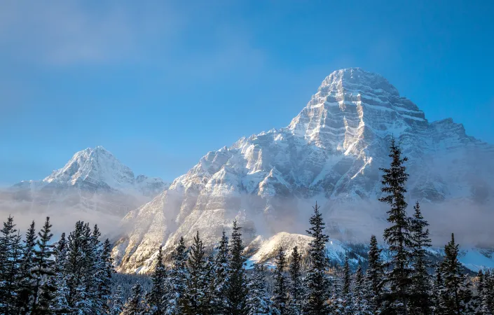 At 3, 307 meters, Mount Chephren in Banff National Park towers over the surrounding valley.