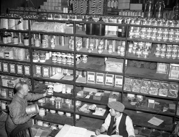 C.N.S.S. Storing ships - shelves of goods, Montreal, August 1942