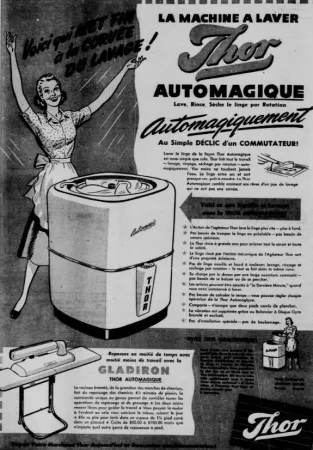 Un lave-vaisselle et machine à laver combinés Thor Automagic. Anon., « Publicité – Thor Canadian Company Limited. » La Patrie, 20 novembre 1948, 4.