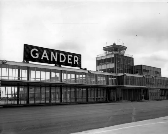 A black and white image of Gander Airport.