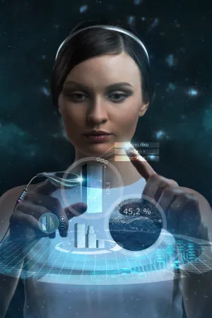 Jeune femme à l’allure futuriste touchant un écran bleu lumineux devant elle.