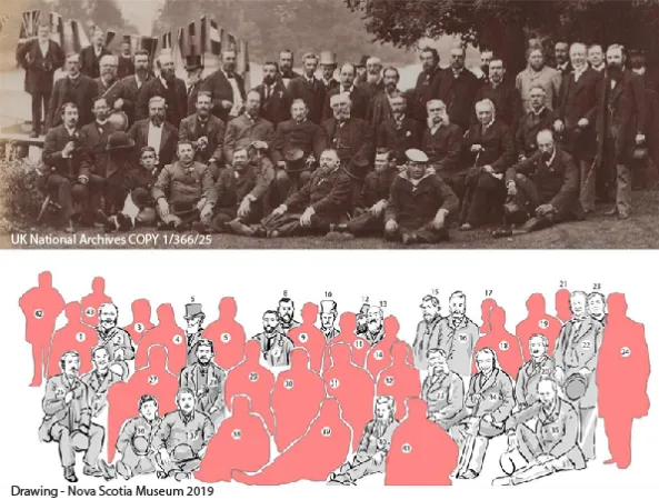 Panoramic photograph of delegates to the 1883 International Fisheries Exhibition in London. Below the image is a hand-drawn silhouette, used for identification purposes.