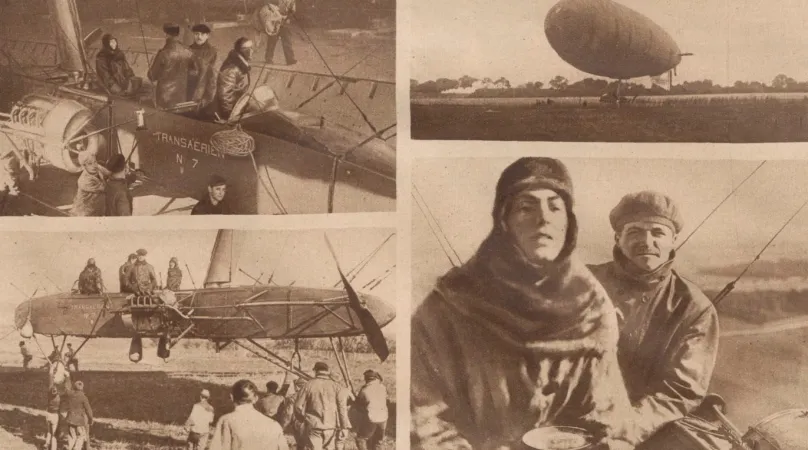 Quatre photographies montrant l’actrice française Gaby Morlay suivant sa formation à bord d’un dirigeable de la Compagnie générale transaérienne. Anon., « La première femme pilote de dirigeable. » Le Miroir, 26 octobre 1919, 12.