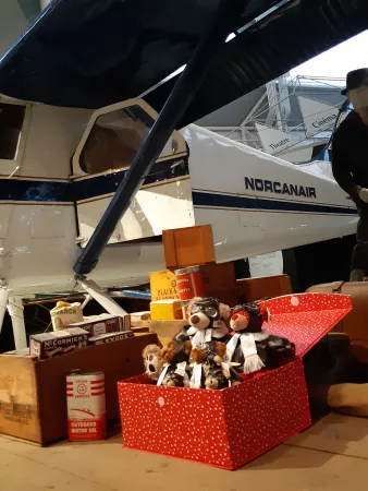 Une boîte rouge remplie d’ours en peluche vêtus comme des aviateurs se trouve à côté d’un avion dans un musée.