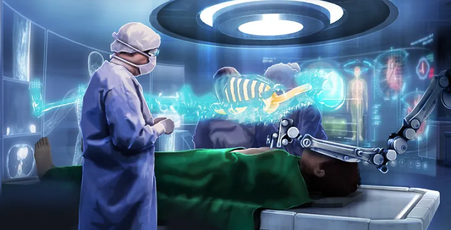  Un chirurgien observe un patient opéré par un robot. Les hologrammes brillent en arrière-plan