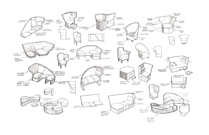 Ébauches au crayon illustrant diverses idées de conception pour le fauteuil