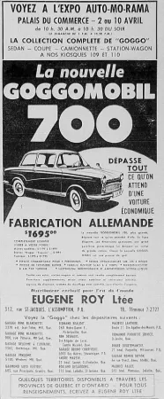 Une des publicités publiées dans des quotidiens québécois pour promouvoir la nouvelle automobile Glas Goggomobil T700. Anon., « Publicité - Eugène Roy Limitée. » La Presse, 1er avril 1960, 39.