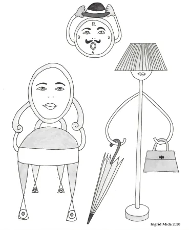 Un dessin fantaisiste à l’encre représentant une chaise, une horloge et une lampe avec des visages.