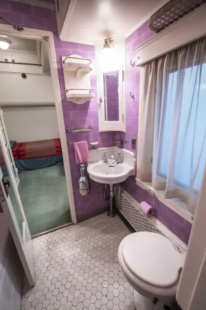 Photograph of the royal train bathroom, with purple walls and toilet paper.