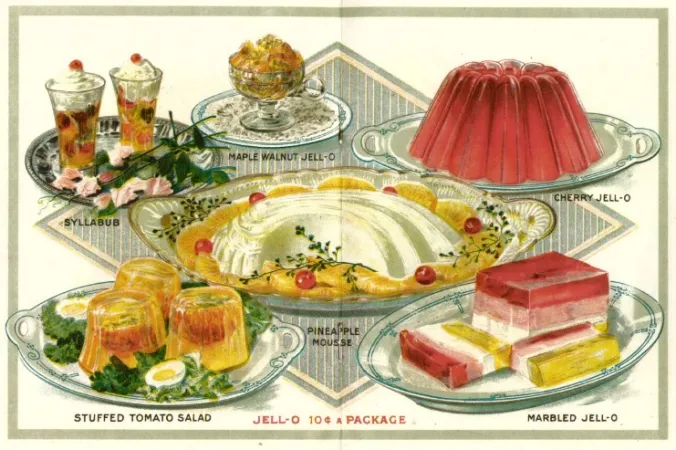  Insert from Jell-O recipe book showing images of syllabub, maple walnut Jell-O, cherry Jell-O, stuffed tomato salad, pineapple mouse, and marbled Jell-O. (“JELLO- 10 c A PACKAGE”)