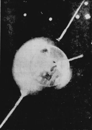 A somewhat inaccurate (life-size?) reproduction of Sputnik I on display in Prague, Czechoslovakia, as part of an exhibition commemorating the 40th anniversary of the Great October Socialist Revolution. Anon., “Modèle du satellite russe.” Le Nouvelliste, 10 October 1957, 1.