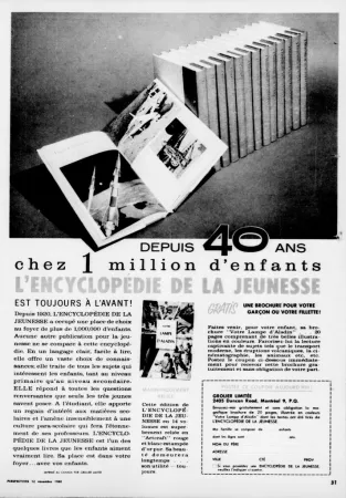 Les 14 volumes de l’édition 1960 de L’Encyclopédie de la jeunesse de Grolier Limitée. Anon., « Publicité - Grolier Limitée. » La Tribune - Perspectives, 12 novembre 1960, 31.