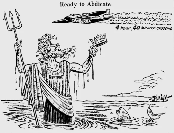 Dessin éditorial montrant le roi Neptune offrant sa couronne à l’équipage du English Electric Canberra qui traverse l’Océan Atlantique en février 1951. Charles R. Knight, « Ready to Abdicate. » The Windsor Daily Star, 22 février 1951, 4.