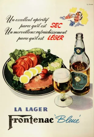 Advertisement for the Frontenac Blue Label lager of National Breweries Limited of Montréal, Québec. Anon., “Advertisement – National Breweries Limited.” Le Samedi, 23 August 1941, 12.
