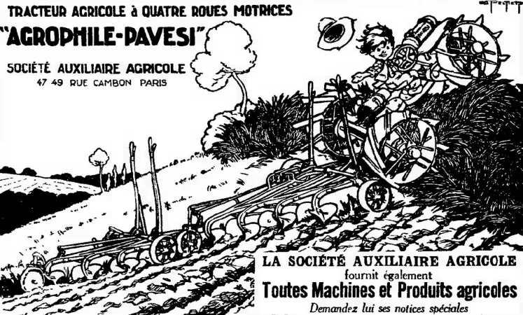 Une publicité de la Société auxiliaire agricole de Paris, France, montrant un tracteur agricole Pavesi P4 ou Agrophile-Pavesi en action. Anon., « Société auxiliaire agricole, » L’Agriculture nouvelle, 14 janvier 1922, 4.