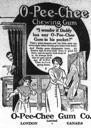 Une publicité typique de O-Pee-Chee Gum Company de London, Ontario. Anon., « O-Pee-Chee Gum Company. » The Aylmer Express, 6 juin 1912, 5.