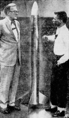 James Bertram Blackmon (on the right, of course) talking about his rocket with the host of the very popular American daily news and talk television show Today, David Cunningham Garroway, New York City, New York. Anon., “Jimmy on TV Show.” The Charlotte Observer, 1 December 1956, 2.