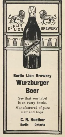 Une publicité typique de la Lion Brewery de Berlin, Ontario. Anon., « Lion Brewery. » The Canadian Courier, 6 juin 1908, 17.